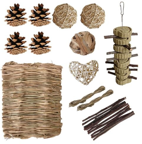 HUANGANG Ensemble de jouets à mâcher pour lapins, hamsters, paille, tapis de lit, jouet de meulage des dents pour s'amuser et faire de l'exercice