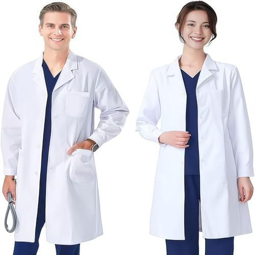 FAHAKO Lab Coat Women Men Doctors Coat Medical Coat Cotton Science Lab Coats, Long Sleeve White Lab Coat Doctor Costume Adult Scientist Costume Fancy Dress Labcoat Dress Up White Coat Food Coat