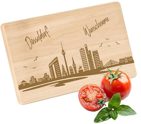 Gravur-Max Frühstücksbrettchen mit Skyline Gravur Düsseldorf – personalisierbar mit Wunschname – Personalisiertes Holz Schneidebrettchen, 22x12x1 cm, Unbehandeltes Buchenholz – ideal als Geschenk