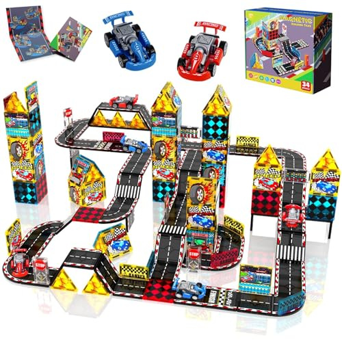 Magcrew Magnetische Bausteine Rennbahn Set – 34 PCS Magnetbausteine | Autorennen Spielzeug mit 2 Autos für Kinder ab 4-12 Jahren, Kreatives Konstruktionsspielzeug & Geschenk für Jungen & Mädchen