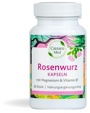 Rosenwurz Kapseln hochdosiert – Rhodiola rosea Extrakt mit Magnesium & Vitamin B1 – vegan, ohne Zusätze – für Energie, Konzentration, psychische Funktion & Nervensystem* – 60 Kapseln