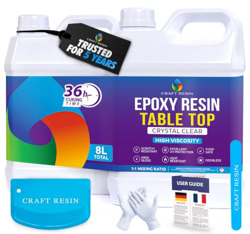 CRAFT RESIN Résine Époxy pour Plateaux de Table 8L (1:1) – Cristalline, Haut Brillant, Anti-UV, auto-Nivelante – Resine Epoxy Transparente pour Plans de Travail & Comptoirs