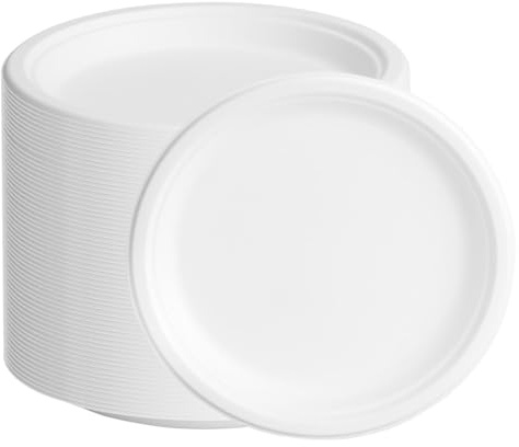 LOSYHU 9 Inch Heavy Duty Strong Paper Plates 125Pcs Disposable Bagasse Plates, 100% Compostable Biodegradable Eco-Friendly White Paper Plates for Party, Dinner, Picnic, BBQs, Sturdy & Round