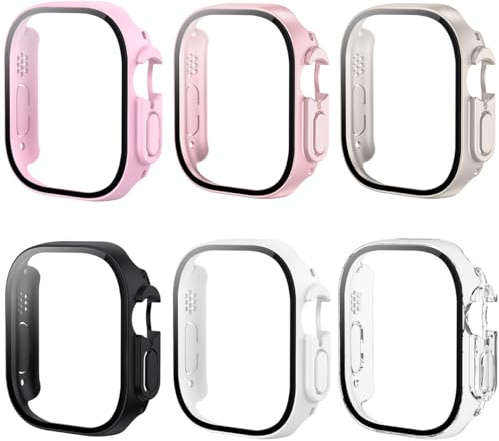 HANKN 6 Stück Schutzhülle Hart Hülle für Apple Watch Ultra 3 2 1 49mm | Temperierte Glas Bildschirmschutz Gehäuse Eingebaut Displayschutzfolie (Rosa+Roségold+Polarstern+Schwarz+Weiß+Transparent)