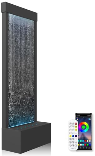 LONGRUN 48 Inch Large Indoor Water Feature, Modern Decorative Waterfall Fountain for Home or Garden with Bluetooth RGB LED Light Strip and Water Pump - Black