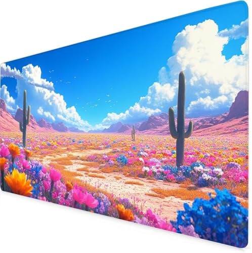 Schreibtischunterlage Kaktus Mauspad Chrysantheme mit Leder und Rutchfeste Wildleder, Wasserfeste Gaming Tischunterlage, Multifunktionales Office Mousepad 900x500x3mm, Homeoffice Ausstattung K7-477