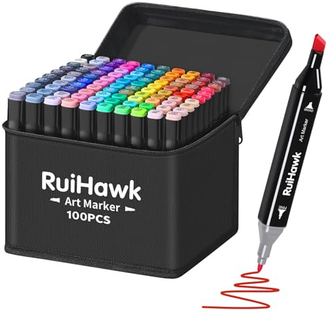 RuiHawk Filzstifte Marker Set, 100 Farben Alkohol Marker mit Feinspitze & Breitspitze, 2-Sekunden Schnelltrocknend, Alkohol Stifte mit Anti-Seepage Abstandshaltern für Malerei, Design