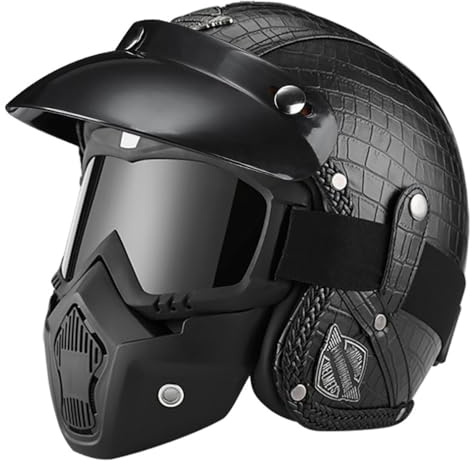Retro Motorrad Helm mit Brille Abnehmbare Krempe, 3/4 Vintage-Roller-Halbhelm, DOT/ECE-Zertifizierter Leder Jethelm Offenem Für Damen Und Herren, Leichter Moped-Helm, S~XXL