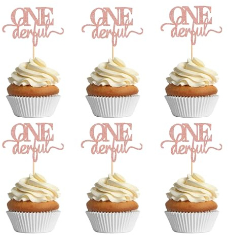 24Pcs Onederful Cupcake Toppers First Birthday Glitter Onederful Cupcake Toppers Decoration for Kids First Birthday Party Baby Shower Supplies