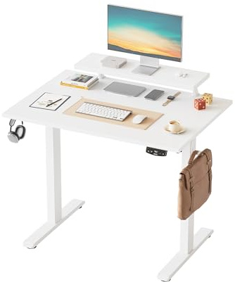 Klicelor Höhenverstellbarer Schreibtisch mit verstellbarem Monitorständer | Schreibtisch höhenverstellbar elektrisch 100 x 60 cm mit 2 Speicherplätzen, Stehschreibtisch für Homeoffice, Weiß