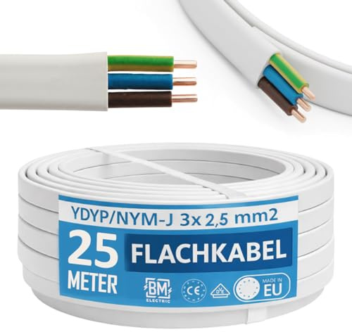 NYM kabel 3 x 2,5 mm² YDYp – strömkabel 3-polig 2,5 mm², platt kabel 25 m, 11 x 6 mm, fönstergenomföring, våtrumskabel, massiva kopparledare, 300/500 V