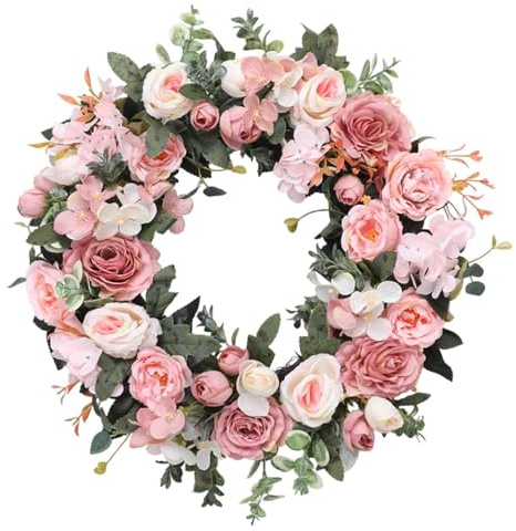 Baoblaze Artificial Peony Wreath Sturdy for Front Door Wreath 18 inch Diameter Wall Hanging Garland Spring Decor Garland Decorative Flower Arrangement for Window Home Door Ornament,Style F