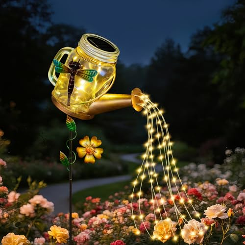 Solar Watering Can Lights Outdoor, Premium Glass & Metal Solar Garden Lights Waterproof, Garden Ornaments LED String Lights for Garden Yard Patio Lawn Decor, Unique Gardening Gifts for Women Mum