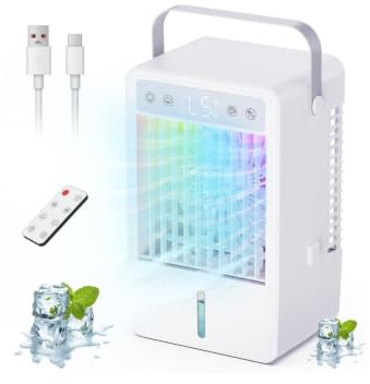 Mini Climatiseur Mobile avec Télécommande - Refroidisseur d’Air à Réservoir de 1500ML, Climatiseur Portable 3 Modes et 5 Vitesses, Alimentation USB 10W, Minuterie Programmable (2–10H), Éclairage LED