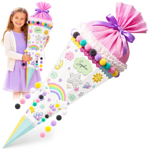 58cm Schultüte Mädchen Füllung Große Geschwister Schultüte Bastelset | Regenbogen 6-eckige Zuckertüte zum Basteln und Befüllen mit Süßigkeiten, Schulzubehör und Geschenke, 58 cm Hoch, Ø ca. 24 cm