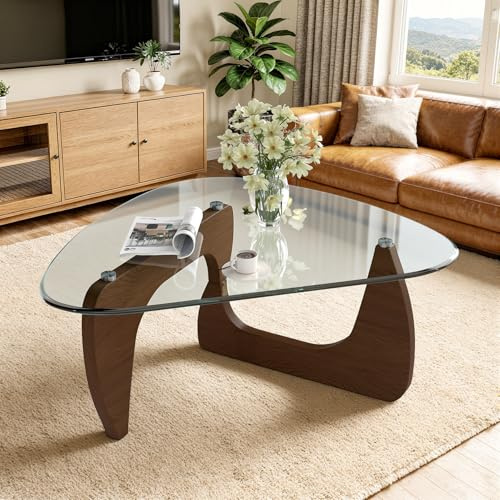 Aivermeil Dreieckiger Couchtisch Glas Transparent, Wohnzimmertisch im Mid-Century Design, MDF-Beine Walnuss-Finish, 90x60x43cm, Moderner Sofatisch Kaffeetisch Glastisch