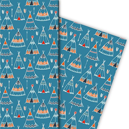 Kartenkaufrausch Abenteurer Geschenkpapier Set mit Indianer Zelten/Tipis als edle Geschenk Verpackung, Designpapier, scrapbooking, 4 Bogen, 32 x 48cm, auf blau