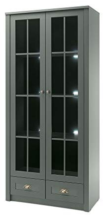 Newfurn Vitrine Vitrinenschrank Holzvitrine II xx cm (BxHxT) II [Gernot.Two] in/Dunkelgrün Wohnzimmer Schlafzimmer Esszimmer Flur Diele