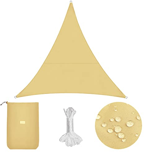 Sekey Sonnensegel Wasserdicht 3x3x3m Dreieckig PES Polyester, Sonnenschutz 95% UV Schutz Windschutz Reißfest Wetterfest, für Balkon Garten, mit Ösen und Befestigungsseile, Sand