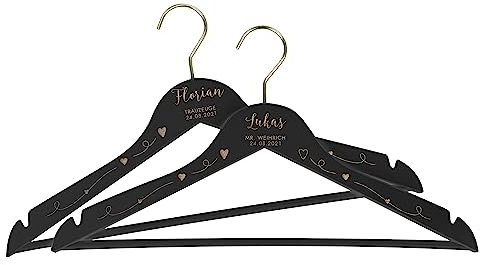 LAUBLUST 2 Kleiderbügel Hochzeit Personalisiert - Set Kleiderbügel Holz Schwarz - mit Herzen graviert - ca. 44 cm - Serie: Willich