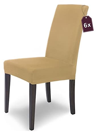 Scheffler Home Premium Stuhlhusse Mia Beige 6er Set Stretch Husse für Schwingstühle Waschbarer Microfaser Bezug mit blickdichter Struktur als stilvoller Stuhlüberzug – Öko-Tex Zertifiziert