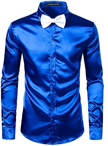 PARKLEES Men's Luxury Shiny Silk Like Satin Long Sleeve Dress Shirts for Party Disco Prom PZLCL14 Royal S