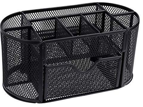 Organizador de Escritorio de Malla Multifuncional Titular de la Pluma con Cajón Soporte de Malla de Metal para Lápiz Oficina Almacenamiento (Negro)