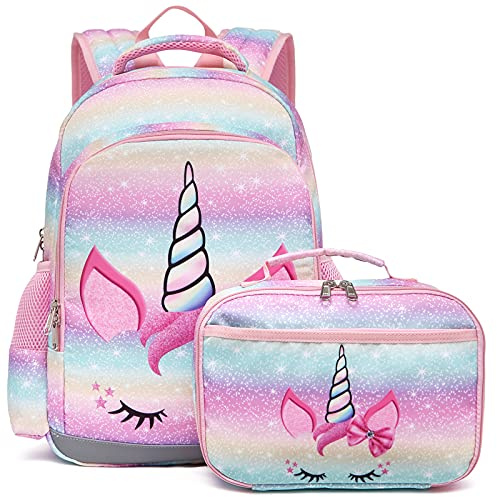 Octsky Backpack for Girls, Kids backpacks Preschool Kindergarten Bookbag Cute Lightweight With Chest Strap and Lunchbox (Unicorn)