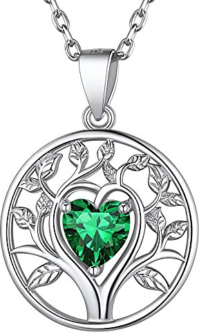 925 Sterling Silver Tree of Life Necklaces Simulated Green Emerald May Birthstone Dainty Small Heart Family Tree Pendant Necklace for Women Girls Teens