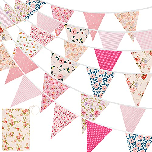 15M/50Ft Fabric Bunting, 45pcs Bunting Banner Cotton Vintage Floral Triangle Flags for Christmas Garden Birthday Party Outdoor Hanging Decoration(Pink)