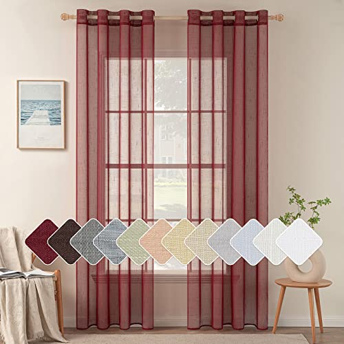 MIULEE 2er Set Voile Vorhang Sheer Leinenvorhang mit Ösen Transparente Leinen Optik Gardine Ösenschal Wohnzimmer Fensterschal Lichtdurchlässig Dekoschal Schlafzimmer 140x175cm (B x H) Rot