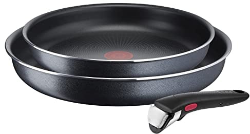 Tefal L15891 Ingenio XL Force - Juego de sartenes (3 piezas, 24/28 cm, 1 mango extraíble, apilables, revestimiento antiadherente, indicador de temperatura de señal térmica, gris/azul, tamaño grande)
