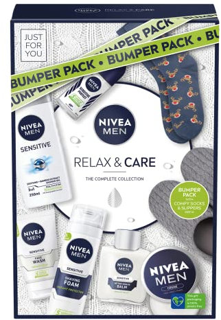 NIVEA MEN Relax & Care Gift Set (8 Pieces), Includes Shower Gel, Face Wash, Anti-Perspirant Roll-On, Moisturising Cream, Shaving Foam, Post Shave Balm, Slippers and Socks