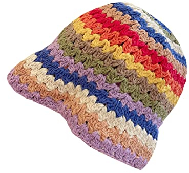 Damen-Strickmütze, Boho-Strickmütze, handgefertigt, gehäkelt, Fischerhut, gestreift, florales Schachbrett, Streifen-Violett, 7 1/8-7 1/4