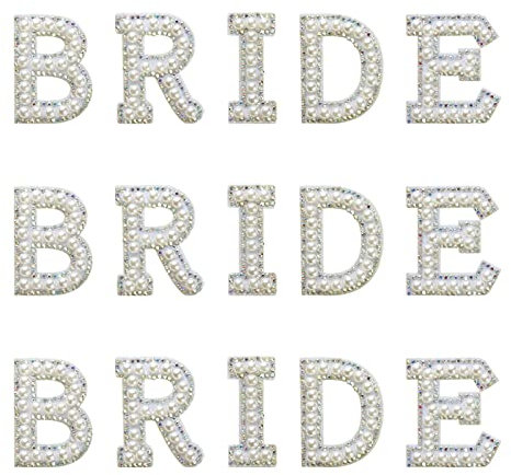 Bride Rhinestone Iron On, 15pcs Glitter Pearl Patches Iron On Sew On Letters Patches Fabric Applique Pearl Letter Stick Rhinestone Iron On Patches for Clothes Hat Art Project (Color Rhinestone)
