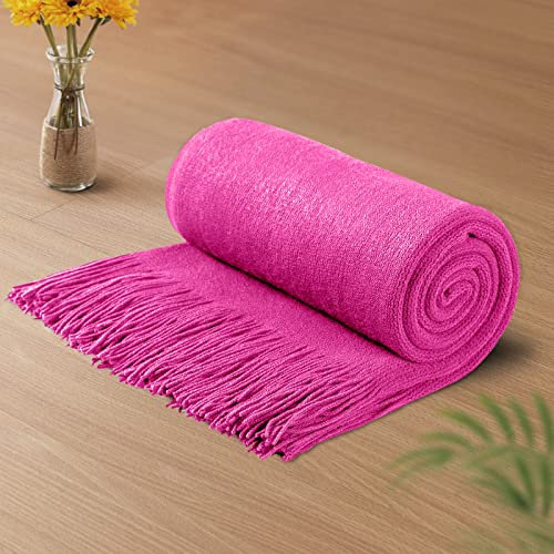 Vonty Strickdecke mit Quasten, Fransen, 127 x 152,4 cm, superweiche Strick-Überwurfdecke, Bauernhaus, dekorative, leichte Decke für Couch, Sofa, Bett, Hot Pink