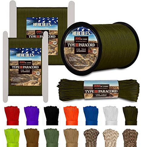 HERCULES Cuerda de paracaídas tipo III Paracord 550, cuerda de paracaídas, 50 pies, verde militar para cuerda de camping, cuerda de supervivencia