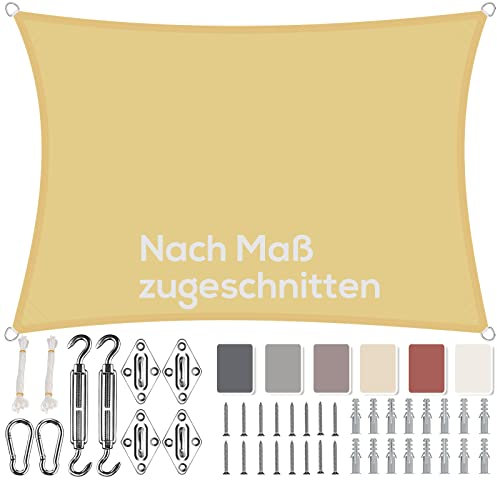 Aiyaoo Sonnensegel 3.5x6m Wasserdicht Rechteckig im Viele Größe und Farben, mit Befestigungs Kit PES Polyester, Sonnenschutz 95% UV Schutz, Reißfest Wetterfest für Terrasse Garten- Beige