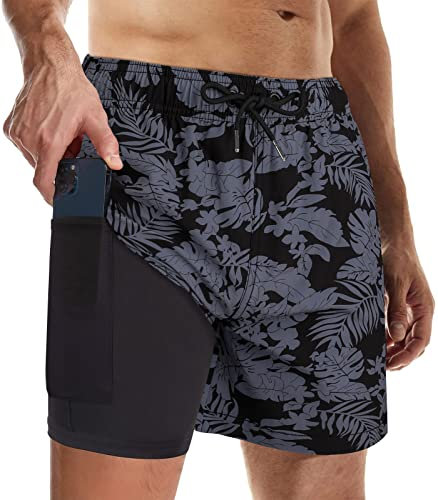Suwangi Bañadores Hombre con Forro Compresión Pantalones Cortos de Natación Secado Rápido Shorts de Baño Bañadores de Surf