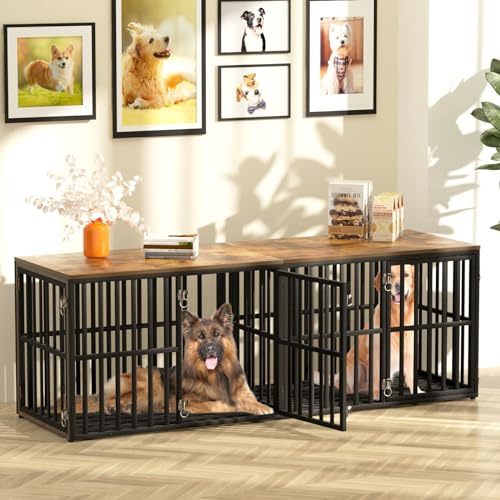 AGESISI Dog Crate Furniture for 2 Dogs, 76” Wooden Dog Kennel with Divider, XXL Double Dog Crate Furniture Large Breed with 4 Doors, Dog Cage End Table Indoor for Large & Medium Dogs, Black