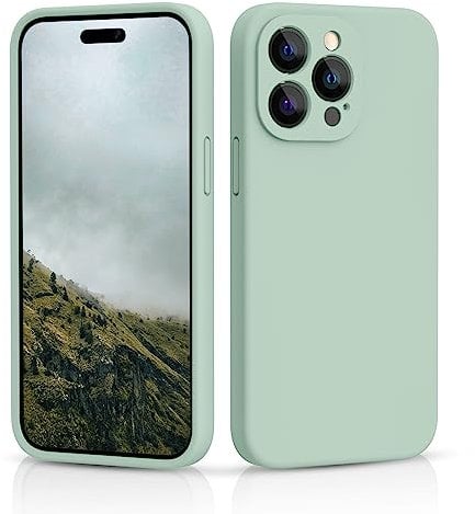CALOOP Slim-Fit for iPhone 14 Pro Case,Sturdy Shockproof Hard Frame Cover with Anti-Scratch Microfiber Lining,Skin Soft Liquid Silicone,Full Protection for Screen and Camera Lens (Mint Green)
