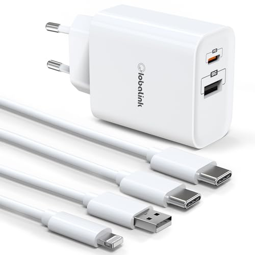 GlobaLink iPhone Schnellladegerät 20W 2-Port USB C | Mit 2m Typ C auf C+ USB auf Lightning Kabel, kompatibel mit iPhone 13/12/11/X Serie