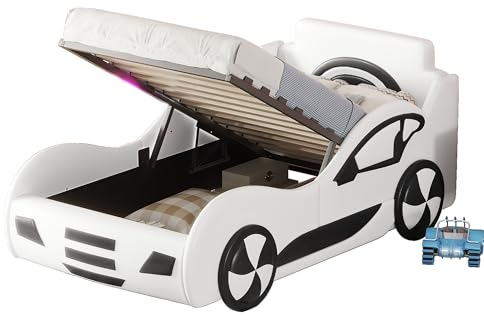 Kinder Autobett 90 x 200cm mit Lattenrost und Stauraum, Kinder Spielbett, Aufregendes Auto Kinderbett für kleine Rennfahrer, Flachbett,ohne Matratze Weiß