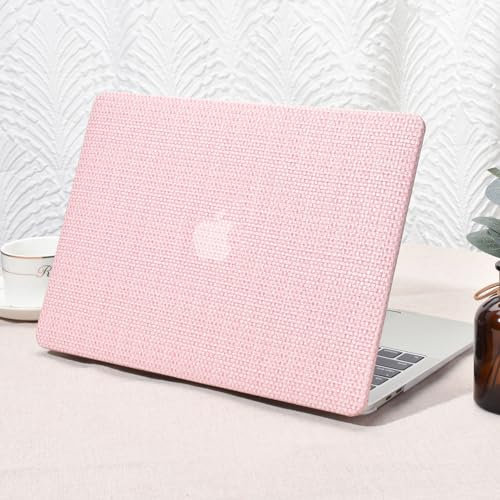 Vozehui Hülle Kompatibel MacBook Air 13 Zoll Hülle 2022 2021 2020 2019 2018 Release A1932 A2179 M1 A2337 Touch ID, Elegantes Leder Kunststoff Hartschalengehäuse Tastatur Abdeckung, Rosa Gewebt