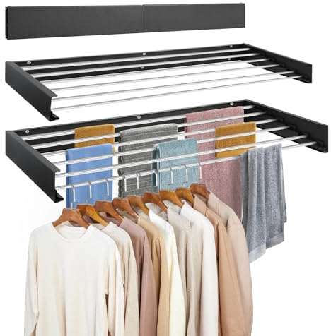 Joyoleder Wäscheständer ausziehbar,100cm Wäschetrockner Wand,6 hochwertigem Aluminiumstangen,Wäscheleine Wandmontage,drinnen|draußen,Balkonm|Terasse (Schwarz)