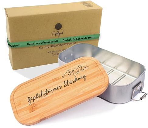 Gipfelgaudi Gipfelstürmer Brotdose mit Holzdeckel I Langlebige Edelstahl Box für Kinder & Erwachsene I Besonders hygienische Lunchbox Edelstahl I Metall Brotdose leicht & handlich