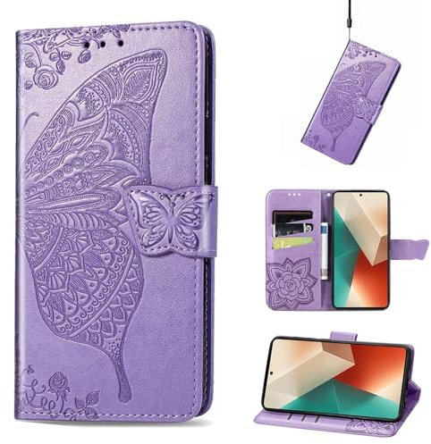 Wigento Für Xiaomi Poco M6 Pro 4G / Redmi Note 13 Pro 4G Kunstleder Wallet Handy Tasche Schmetterling Design Hell-Lila