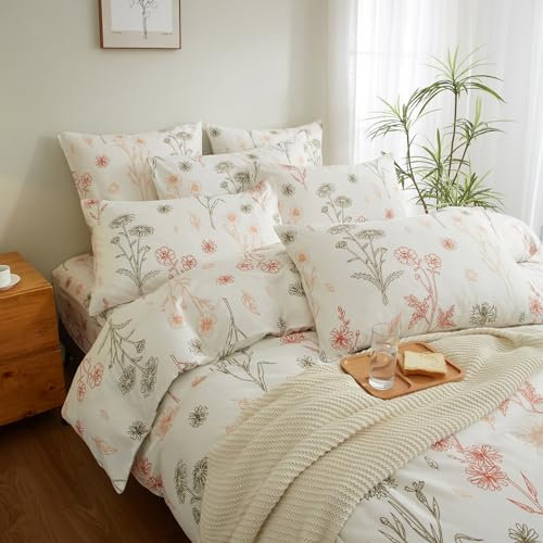 YASMENG Bettwäsche 135x200 Blumen Motiv Weiß Rot Grau Floral Aesthetic Weich Kuschelig Mikrofaser 2teilig Mit Reißverschluss und 80x80 cm Kissenbezug