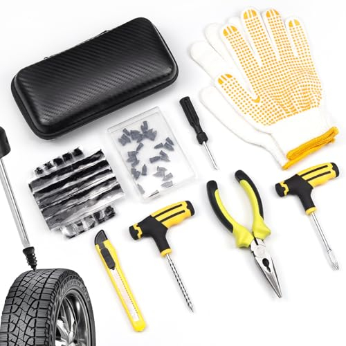 ELNLE Kit Riparazione Pneumatici Auto 58 Pezzi Kit Foratura Moto Tubeless, Kit Ripara Gomme Moto con 30 Chiodi in Gomma e 20 Striscia di Riparazione per Auto, Moto, Camion, Trattore