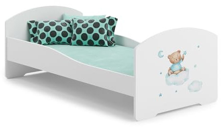 KOBI LUK Kinderbett mit Matratze, weiß | für Kinderzimmer | für einen Jungen und EIN Mädchen | Matratze, Gestell inklusive | (Blauer bär, 140x70)